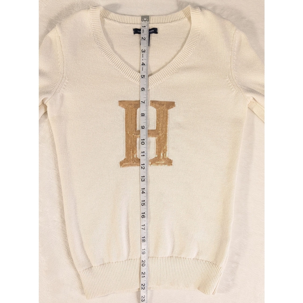 2013 Tommy Hilfiger Sequin Logo 100% Cotton V Neck Knit Sweater Size XS - Picture 9 of 12